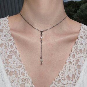 Pearl and silver rosary necklace with a small silver chain ✦ Modern Medieval ✦